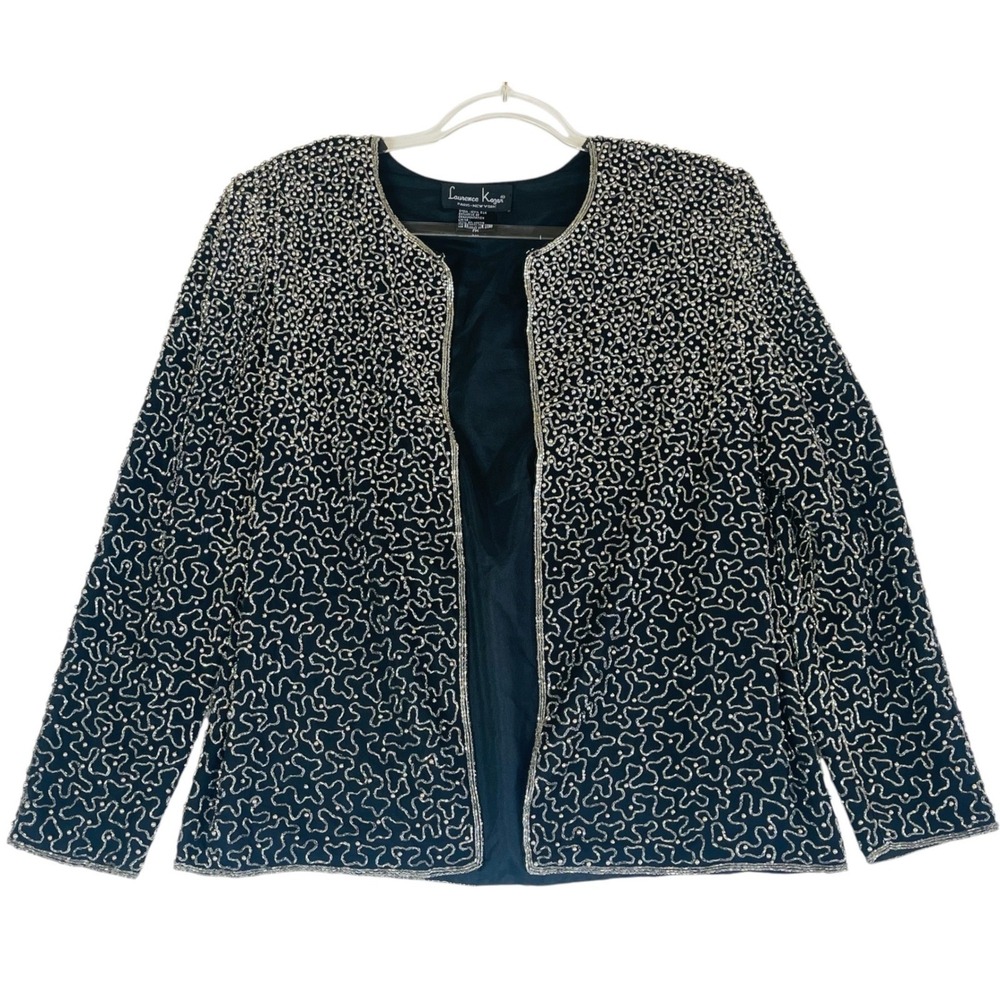 Vintage Laurence Kazar PM 100% Silk Beaded Evening Jacket Black Silver Glam